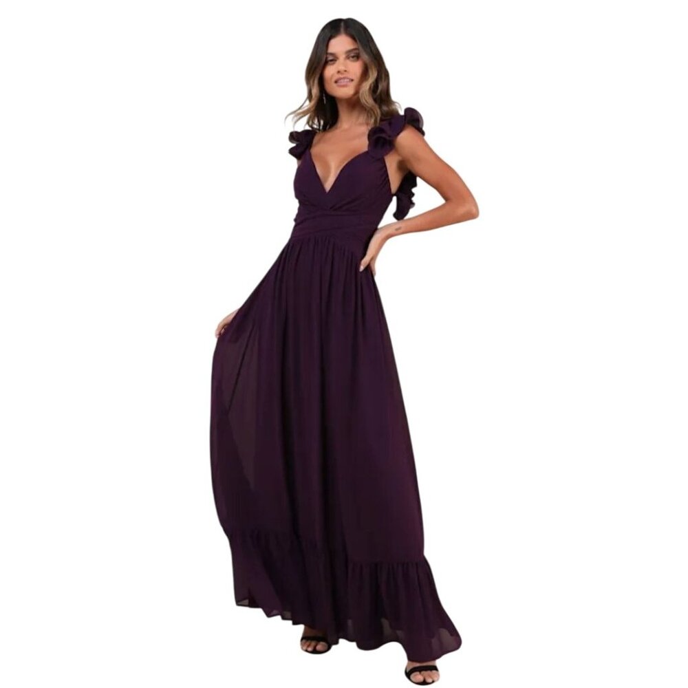 NEW Lulus Soiree Celebration Purple Ruffled Lace-Up Maxi Dress, Size XS - Picture 2 of 16